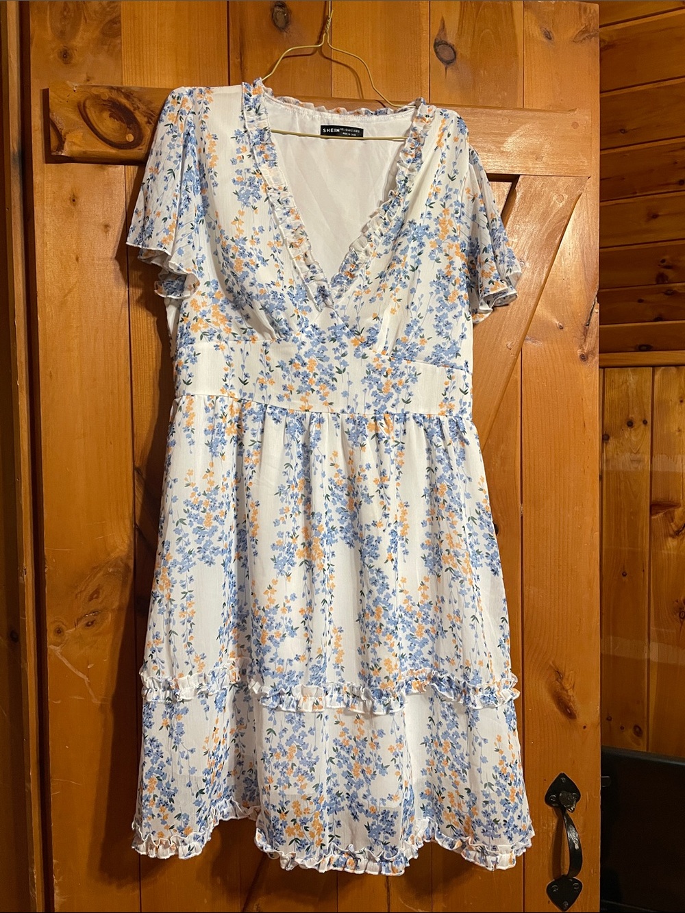 SHEIN White Floral V-Neck Mini Dress with Blue and Orange Blossoms